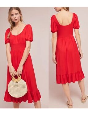 By Anthropologie Grandeur Dress in Red LP Large Petite Midi Milkmaid Cottage
